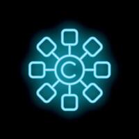 Neon copyright symbol connecting data on black background vector