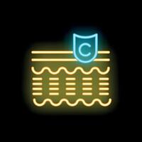 Neon icon of copyright protection for intellectual property with shield and text lines vector