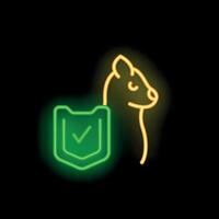 Neon icon of alpaca protected by a shield with check mark vector