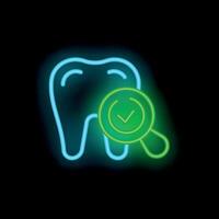 Neon icon of magnifying glass inspecting a tooth with check mark vector