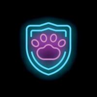 Neon sign of a paw print inside a shield on a black background vector