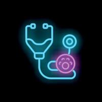 Neon icon of stethoscope analyzing animal cells with paw print inside vector
