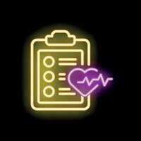Neon style icon showing medical report with heartbeat symbol for healthcare concept vector