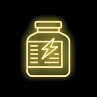 Neon sign of sports nutrition container with lightning shape on label vector