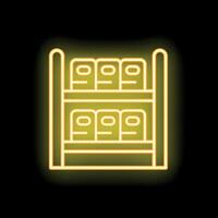Neon yellow shelf icon with products on black background vector
