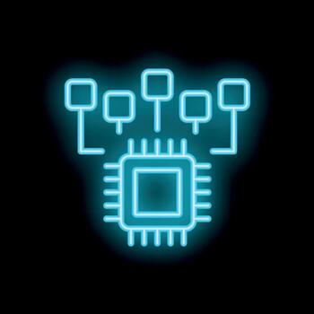 Neon blue cpu microchip connecting to multiple devices vector