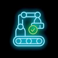 Neon icon of automated recruitment process with conveyor belt and check mark vector