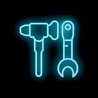 Neon tools icon with hammer and wrench glowing on black background vector