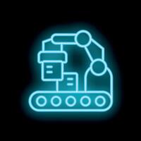 Neon icon of robotic arm moving boxes on conveyor belt vector