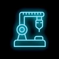 Neon icon of robotic arm moving object with precision on dark background vector