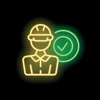 Neon style icon of construction worker wearing hard hat with check mark vector