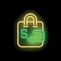 Neon shopping bag with return symbol on black background vector