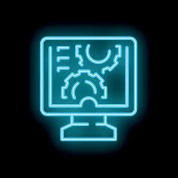 Neon icon of computer displaying gears turning representing automation vector