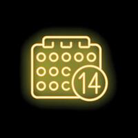 Neon yellow calendar icon showing day 14 on black background vector