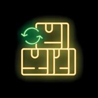 Neon green rotating arrows over stack of cardboard boxes on black background vector