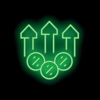 Neon green glowing icon of increasing value of money with up arrows vector