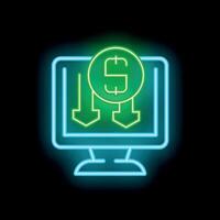 Neon icon of computer screen showing money loss with down arrows vector