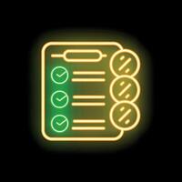 Neon icon of clipboard with checklist and coins representing task management and finances vector