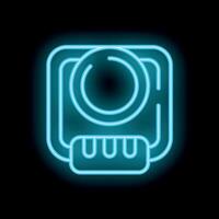 Blue neon sign showing an action camera icon on black background vector
