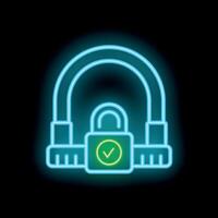 Glowing neon bicycle lock icon with a check mark is isolated on black background vector