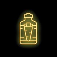 Neon sign of a bottle with a carrot inside glowing on a black background vector