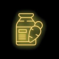 Neon carrot juice bottle glowing on black background vector