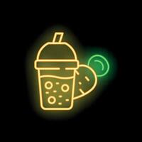 Bright glowing neon smoothie with lime slice and straw on black background vector