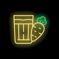 Glowing neon sign of carrot juice in glass with carrot icon vector