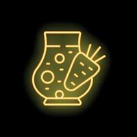 Yellow neon sign of a carrot juice in a rounded vase on a black background vector