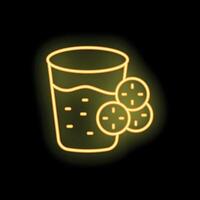 Neon sign depicting glass with beverage and lime slices on black background vector
