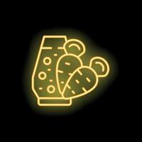 Yellow neon sign of carrot juice in glass jar with carrots on black background vector
