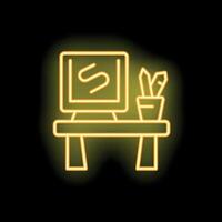 Neon yellow desk with computer and pencils on black background vector