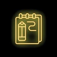 Neon notepad and pencil icon glowing on dark background vector