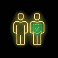 Neon icons of people with security shield and check mark representing protection vector