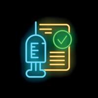Neon syringe and vaccination record icon glowing on dark background vector