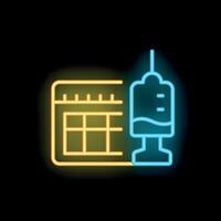 Neon syringe and medical appointment calendar icon glowing on dark background vector