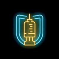 Neon syringe inside a protective shield on a black background vector