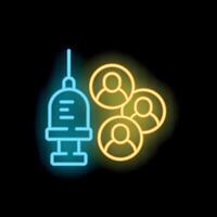 Neon syringe injecting vaccine to group of people icon glowing vector