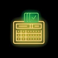 Neon spreadsheet icon glowing on dark background with check mark symbol vector