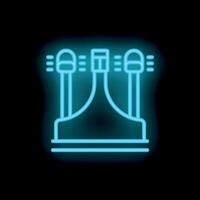 Blue neon sign of a stage with microphones and spotlights on black background vector
