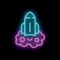 Neon rocket launching from smiling cloud on black background vector