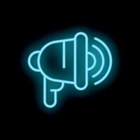 Neon megaphone icon broadcasting message on black background vector