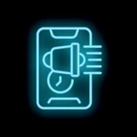 Neon sign of mobile phone showing scheduled push notifications with alarm clock and megaphone vector