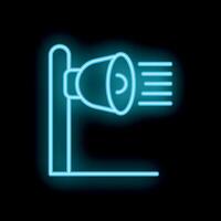 Blue neon icon of a spotlight projecting light beams, on dark background vector