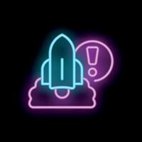 Neon rocket taking off showing warning sign on black background vector