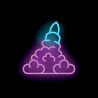 Neon rocket launching through clouds icon illustration on black background vector
