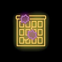 Neon sign showing building with cracks and virus sign on black background vector