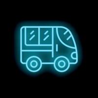 Blue neon sign icon of a bus driving right on a black background vector