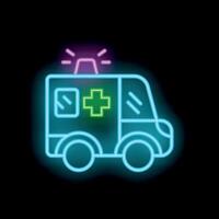 Neon ambulance icon glowing on dark background vector