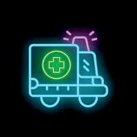 Neon ambulance icon glowing on dark background vector